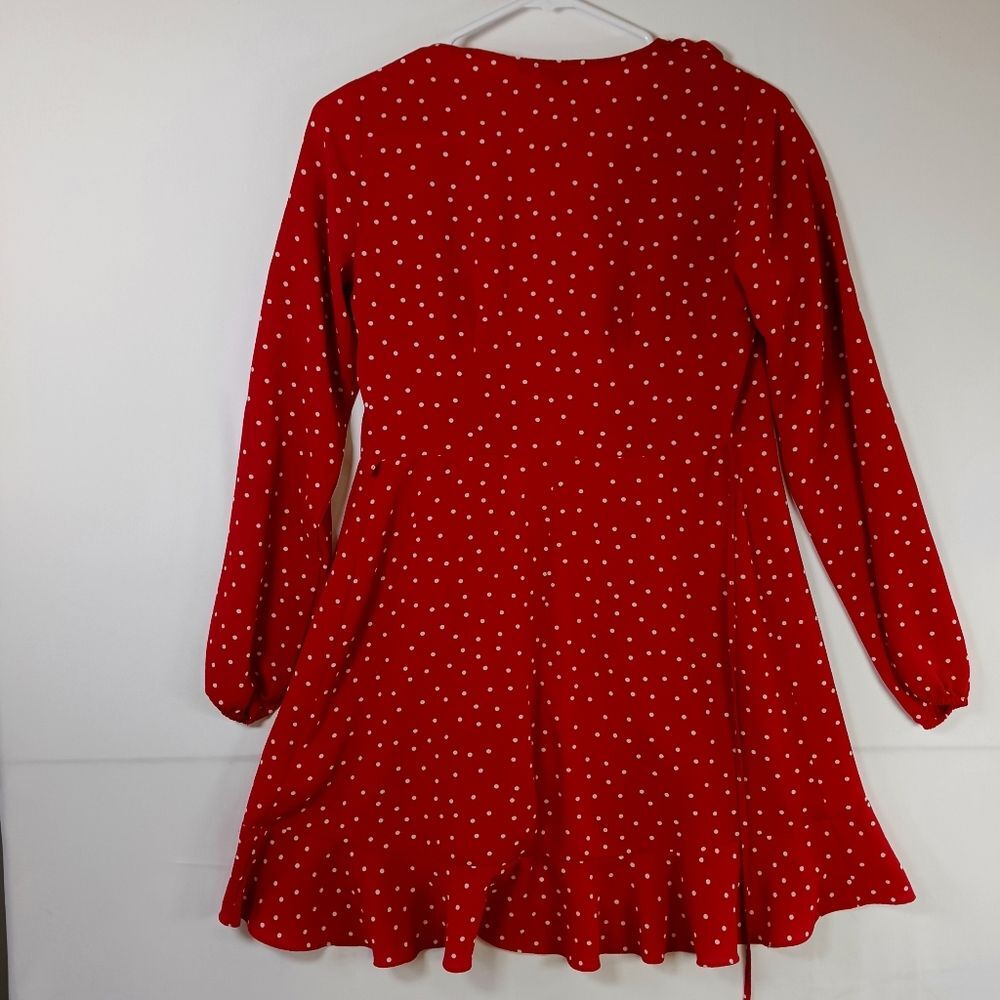Ruffled Wrap Dress Mini White Poka Dot Burnt Orange Girly Glam Date Night Size M - Picture 5 of 11